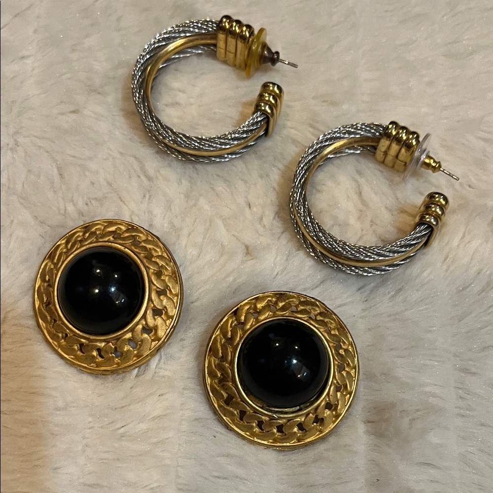 2 pairs Elegant Gold and Silver Hoop Earrings with Black Accents